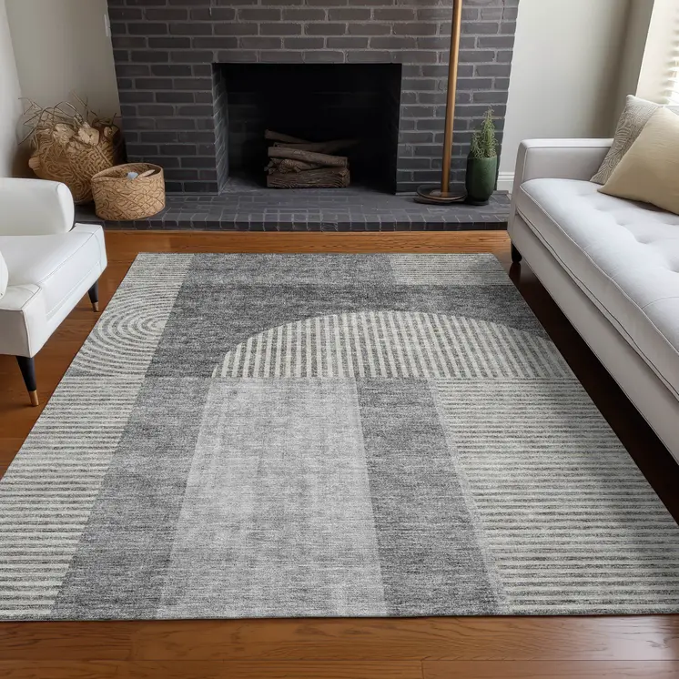5' X 8' Gray Silver And Charcoal Geometric Washable Indoor Outdoor Area Rug