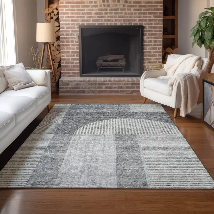 5' X 8' Gray Silver And Charcoal Geometric Washable Indoor Outdoor Area Rug