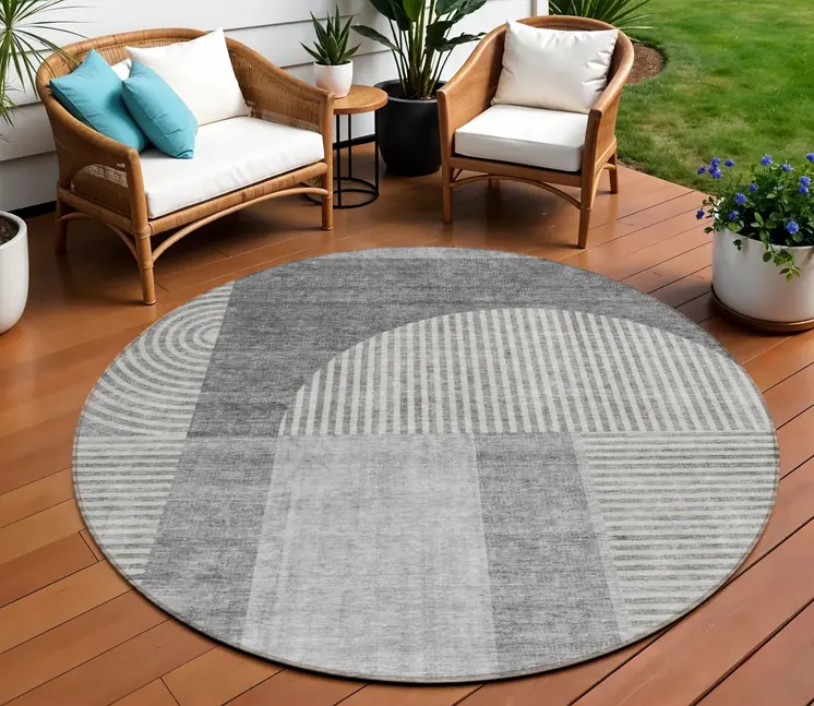 8' Gray Silver And Charcoal Round Geometric Washable Indoor Outdoor Area Rug