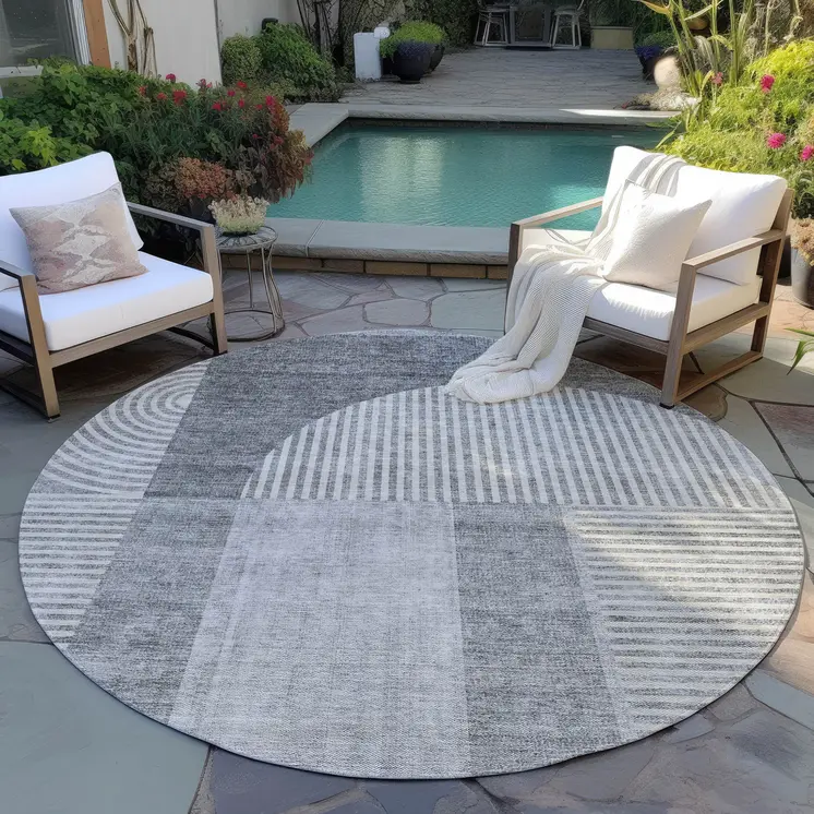 8' Gray Silver And Charcoal Round Geometric Washable Indoor Outdoor Area Rug