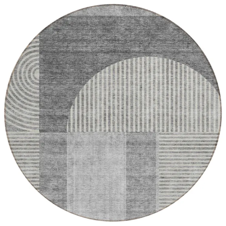 8' Gray Silver And Charcoal Round Geometric Washable Indoor Outdoor Area Rug