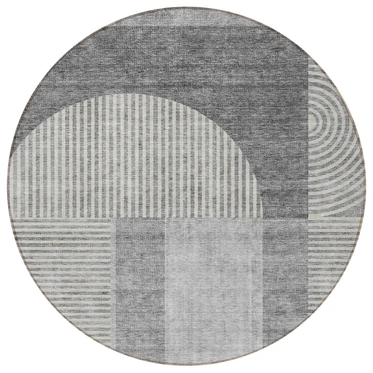 8' Gray Silver And Charcoal Round Geometric Washable Indoor Outdoor Area Rug