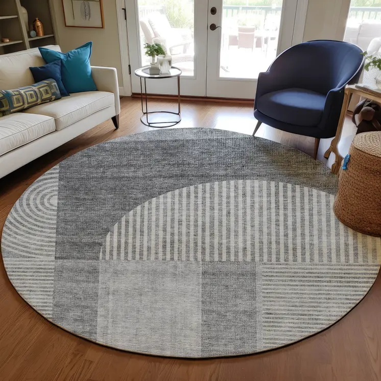 8' Gray Silver And Charcoal Round Geometric Washable Indoor Outdoor Area Rug