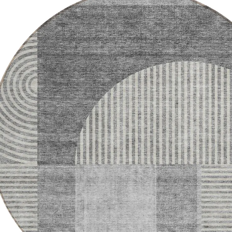 8' Gray Silver And Charcoal Round Geometric Washable Indoor Outdoor Area Rug