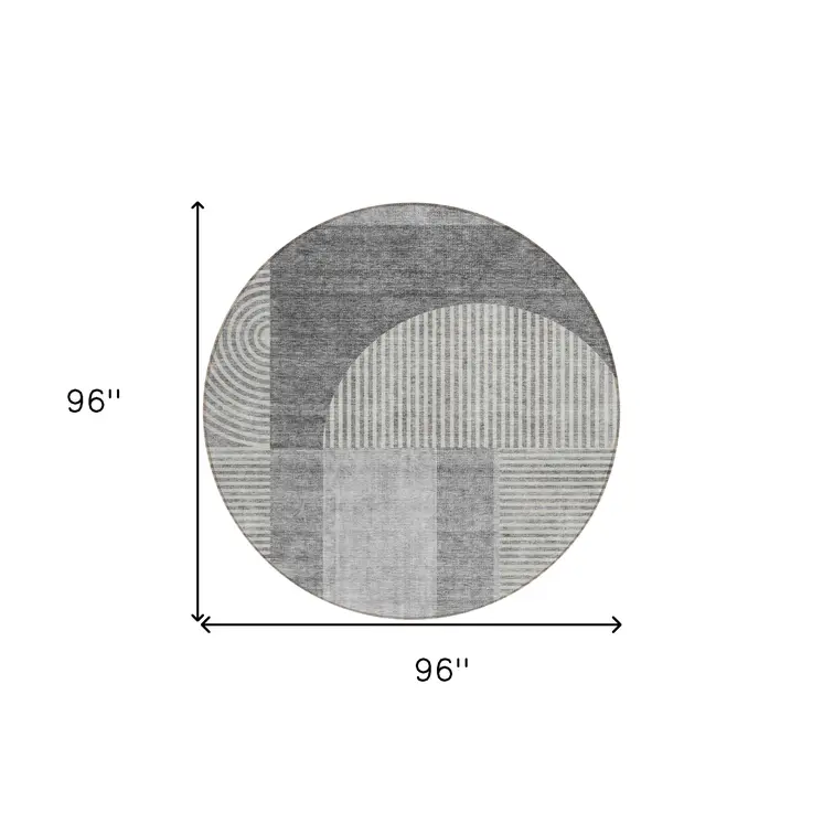 8' Gray Silver And Charcoal Round Geometric Washable Indoor Outdoor Area Rug