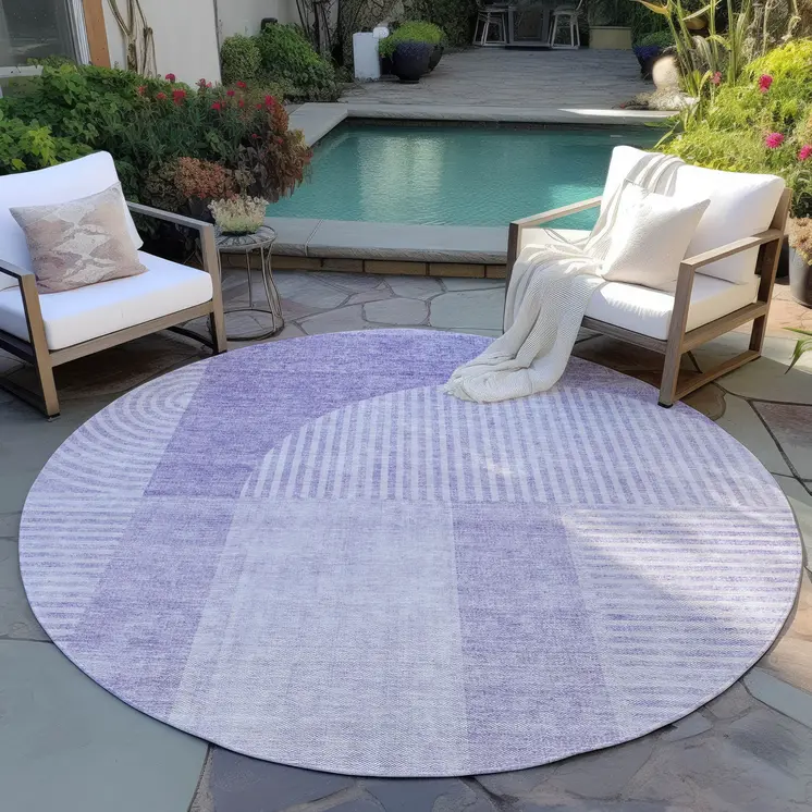 8' Lavender And Purple Round Geometric Washable Indoor Outdoor Area Rug
