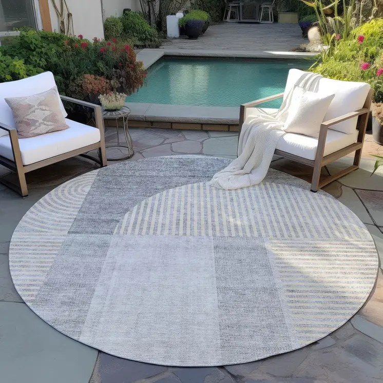 8' Silver Gray And Beige Round Geometric Washable Indoor Outdoor Area Rug