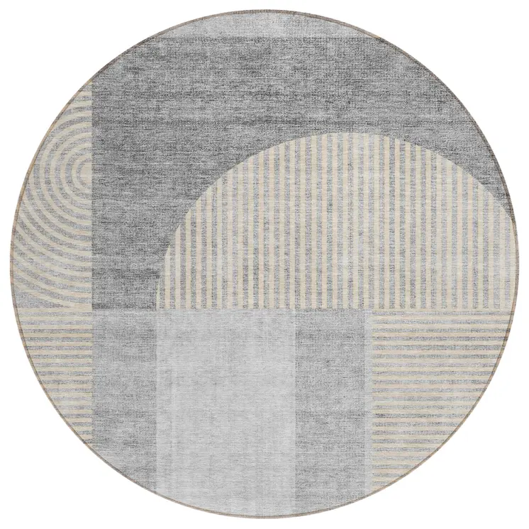 8' Silver Gray And Beige Round Geometric Washable Indoor Outdoor Area Rug