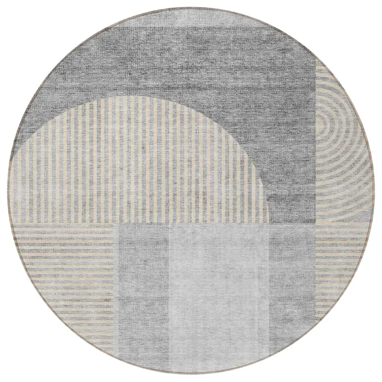 8' Silver Gray And Beige Round Geometric Washable Indoor Outdoor Area Rug