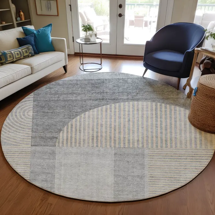 8' Silver Gray And Beige Round Geometric Washable Indoor Outdoor Area Rug