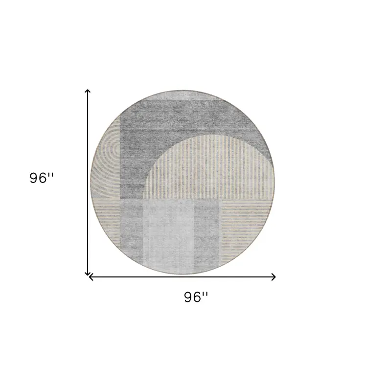8' Silver Gray And Beige Round Geometric Washable Indoor Outdoor Area Rug
