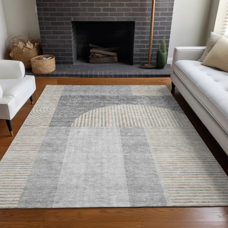 9' X 12' Silver Gray And Beige Geometric Washable Indoor Outdoor Area Rug