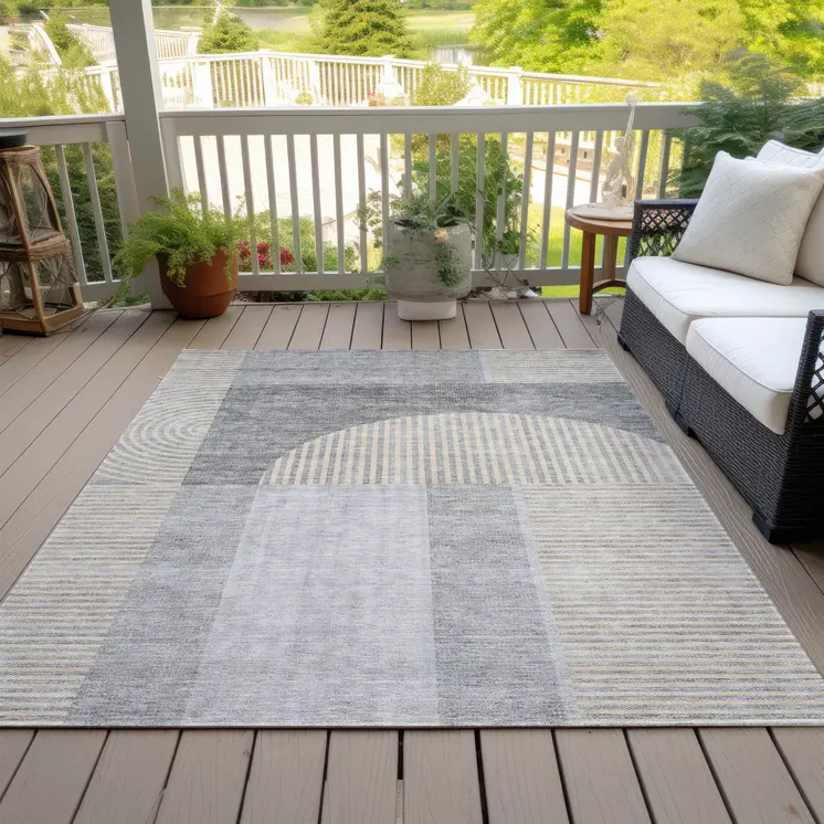 9' X 12' Silver Gray And Beige Geometric Washable Indoor Outdoor Area Rug