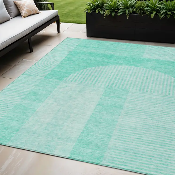 5' X 8' Teal Blue And Aqua Geometric Washable Indoor Outdoor Area Rug