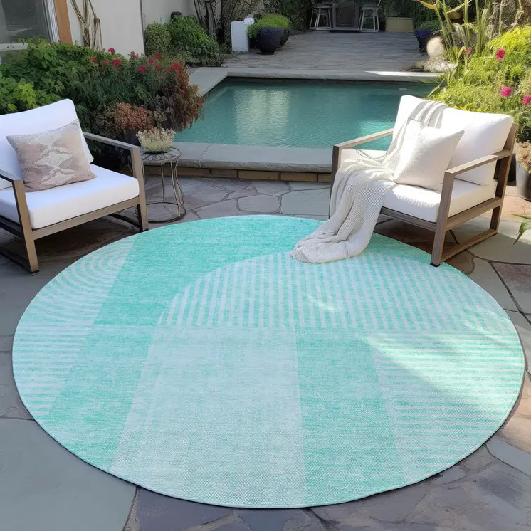 8' Teal Blue And Aqua Round Geometric Washable Indoor Outdoor Area Rug