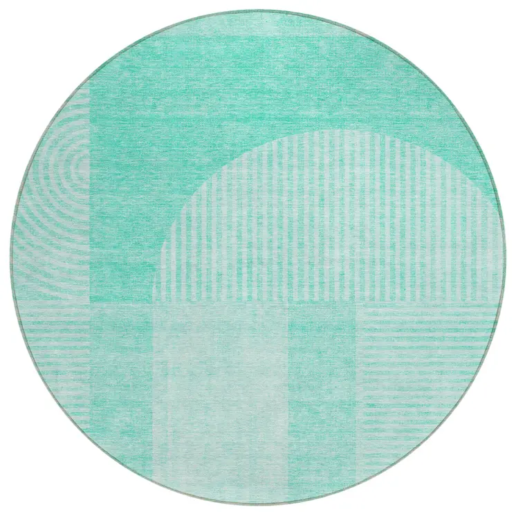 8' Teal Blue And Aqua Round Geometric Washable Indoor Outdoor Area Rug
