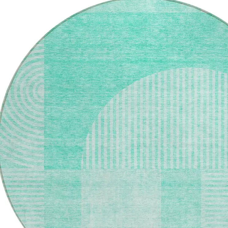 8' Teal Blue And Aqua Round Geometric Washable Indoor Outdoor Area Rug