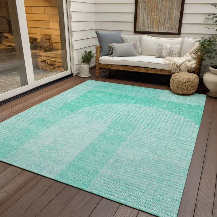 10' X 14' Teal Blue And Aqua Geometric Washable Indoor Outdoor Area Rug