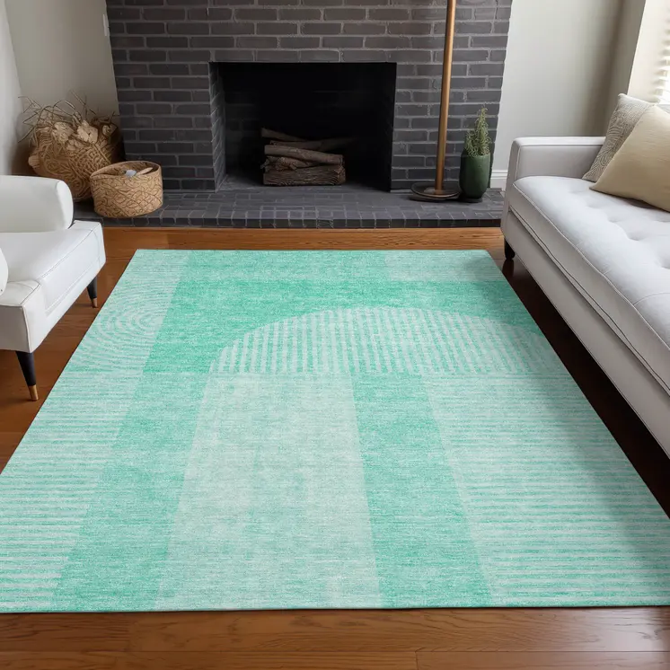 10' X 14' Teal Blue And Aqua Geometric Washable Indoor Outdoor Area Rug