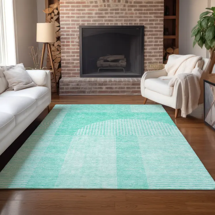 10' X 14' Teal Blue And Aqua Geometric Washable Indoor Outdoor Area Rug