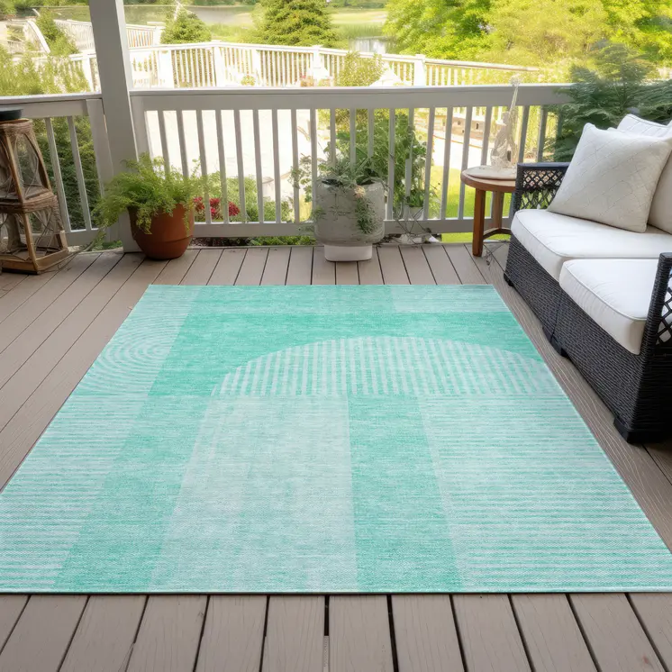 10' X 14' Teal Blue And Aqua Geometric Washable Indoor Outdoor Area Rug