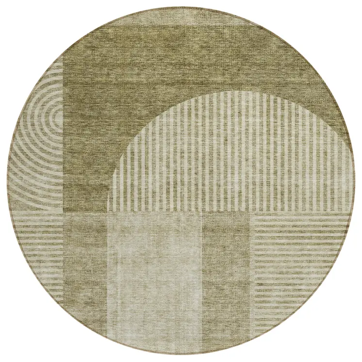 8' Taupe Beige And Tan Round Geometric Washable Indoor Outdoor Area Rug