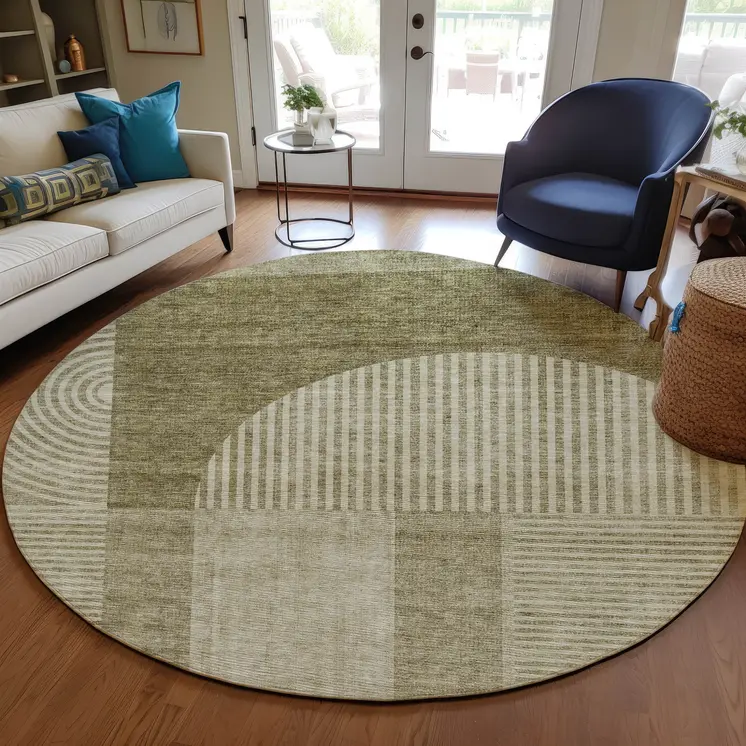 8' Taupe Beige And Tan Round Geometric Washable Indoor Outdoor Area Rug