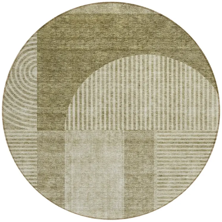 8' Taupe Beige And Tan Round Geometric Washable Indoor Outdoor Area Rug