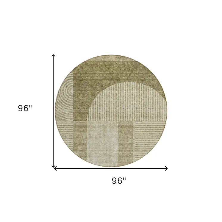 8' Taupe Beige And Tan Round Geometric Washable Indoor Outdoor Area Rug
