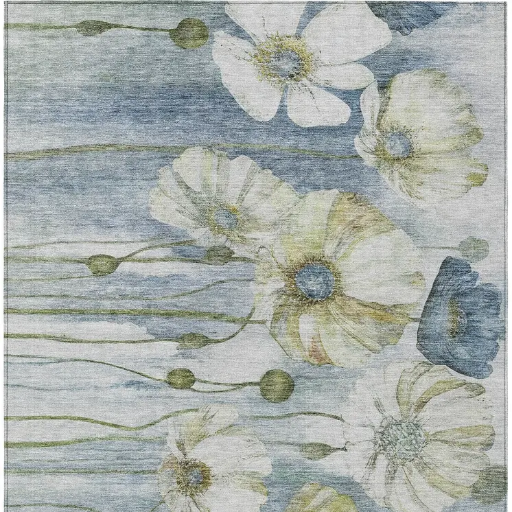 3' X 5' Denim Blue And Sky Blue Floral Washable Indoor Outdoor Area Rug
