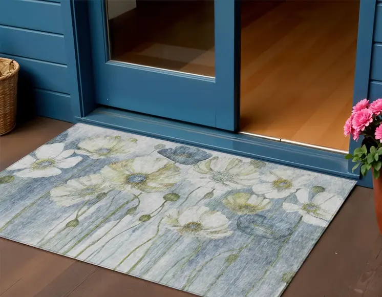 3' X 5' Denim Blue And Sky Blue Floral Washable Indoor Outdoor Area Rug