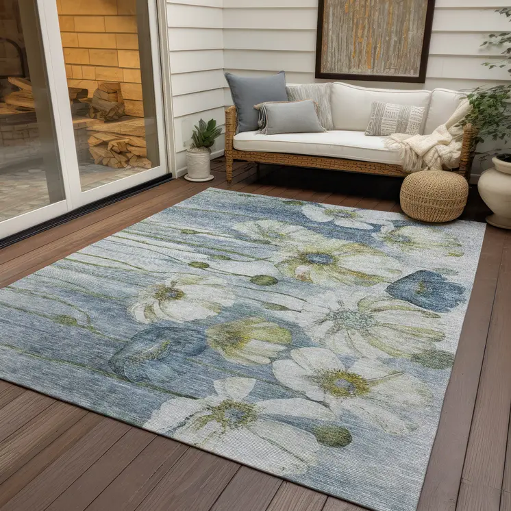 3' X 5' Denim Blue And Sky Blue Floral Washable Indoor Outdoor Area Rug