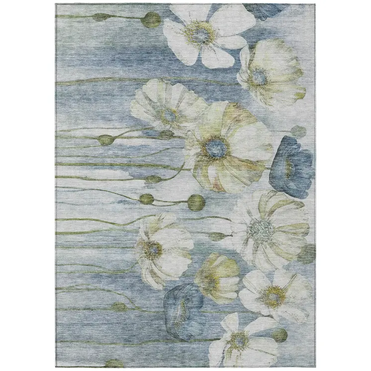3' X 5' Denim Blue And Sky Blue Floral Washable Indoor Outdoor Area Rug