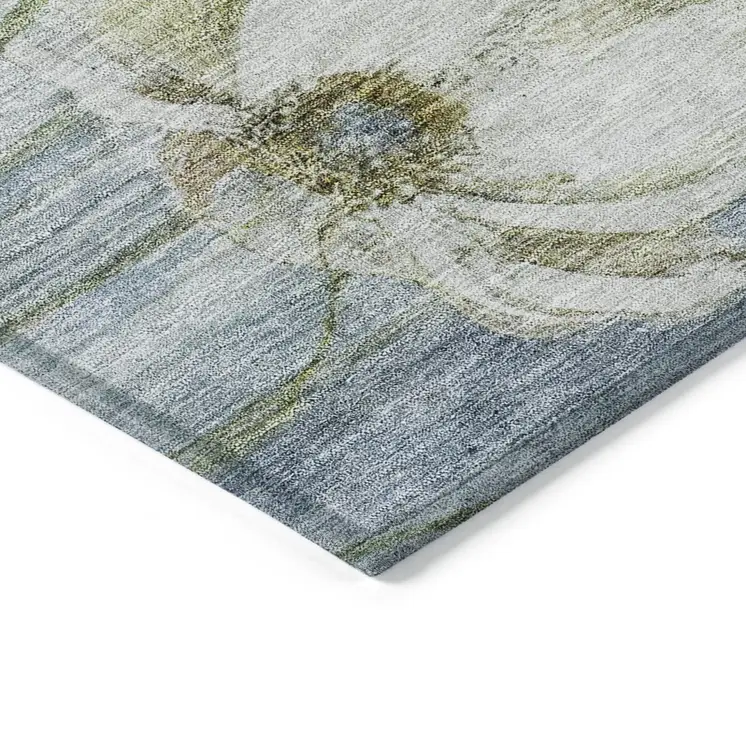 3' X 5' Denim Blue And Sky Blue Floral Washable Indoor Outdoor Area Rug