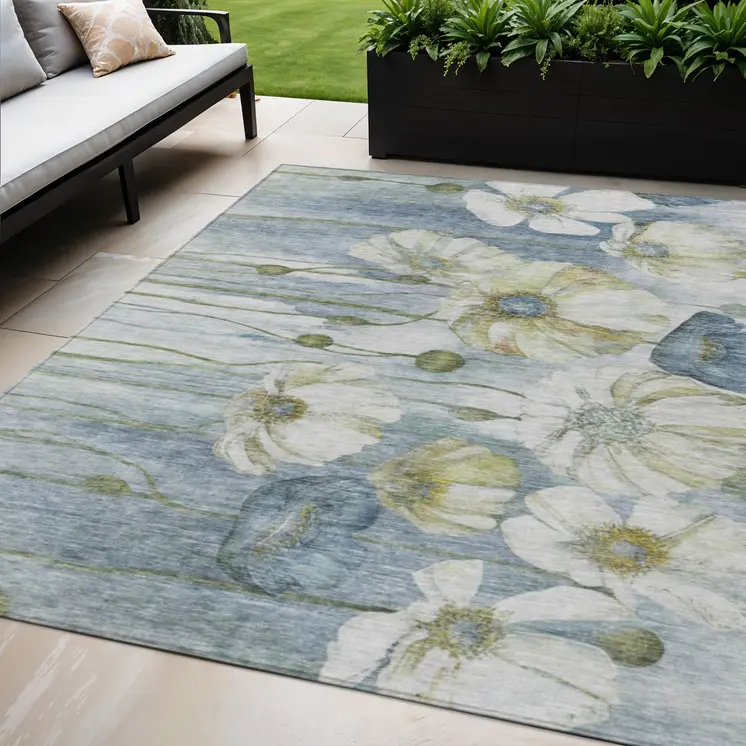 5' X 8' Denim Blue And Sky Blue Floral Washable Indoor Outdoor Area Rug