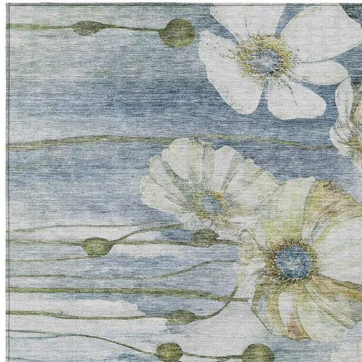 5' X 8' Denim Blue And Sky Blue Floral Washable Indoor Outdoor Area Rug