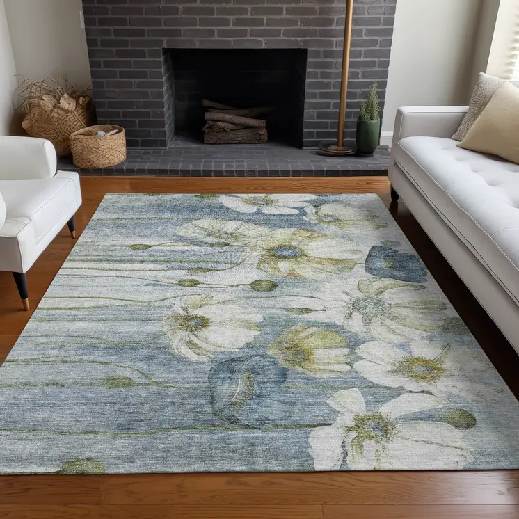 5' X 8' Denim Blue And Sky Blue Floral Washable Indoor Outdoor Area Rug