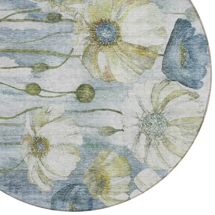8' Denim Blue And Sky Blue Round Floral Washable Indoor Outdoor Area Rug