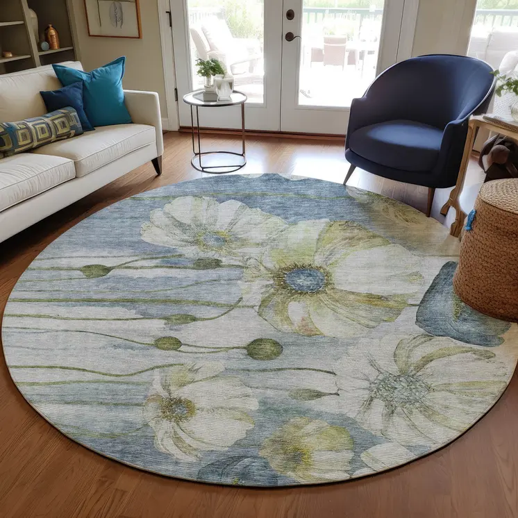 8' Denim Blue And Sky Blue Round Floral Washable Indoor Outdoor Area Rug