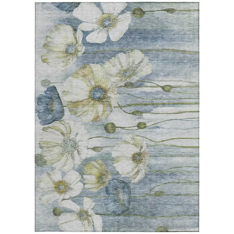 8' X 10' Denim Blue And Sky Blue Floral Washable Indoor Outdoor Area Rug