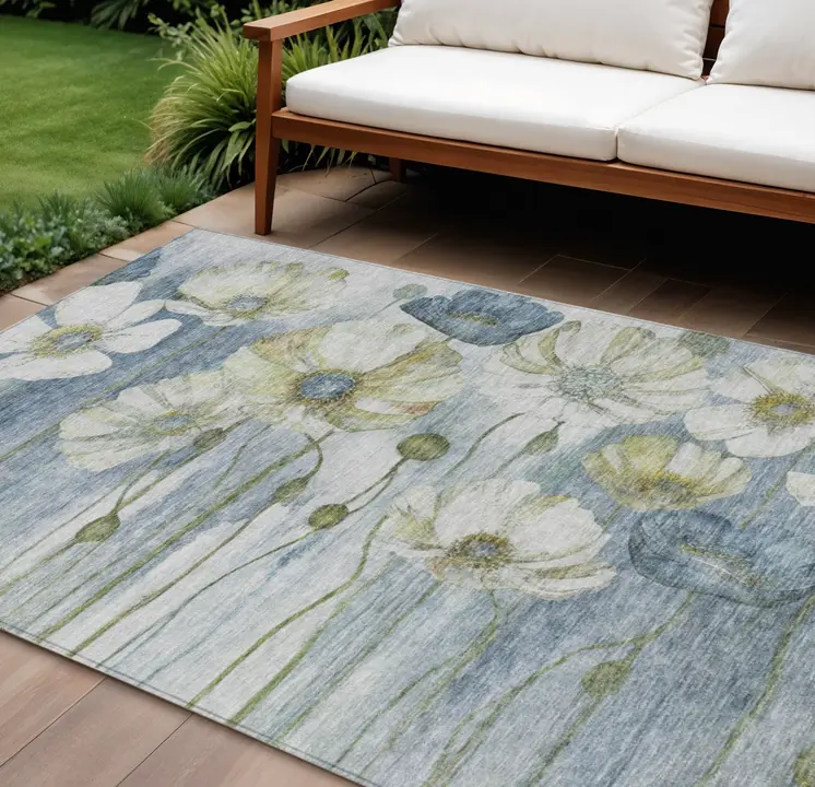 8' X 10' Denim Blue And Sky Blue Floral Washable Indoor Outdoor Area Rug