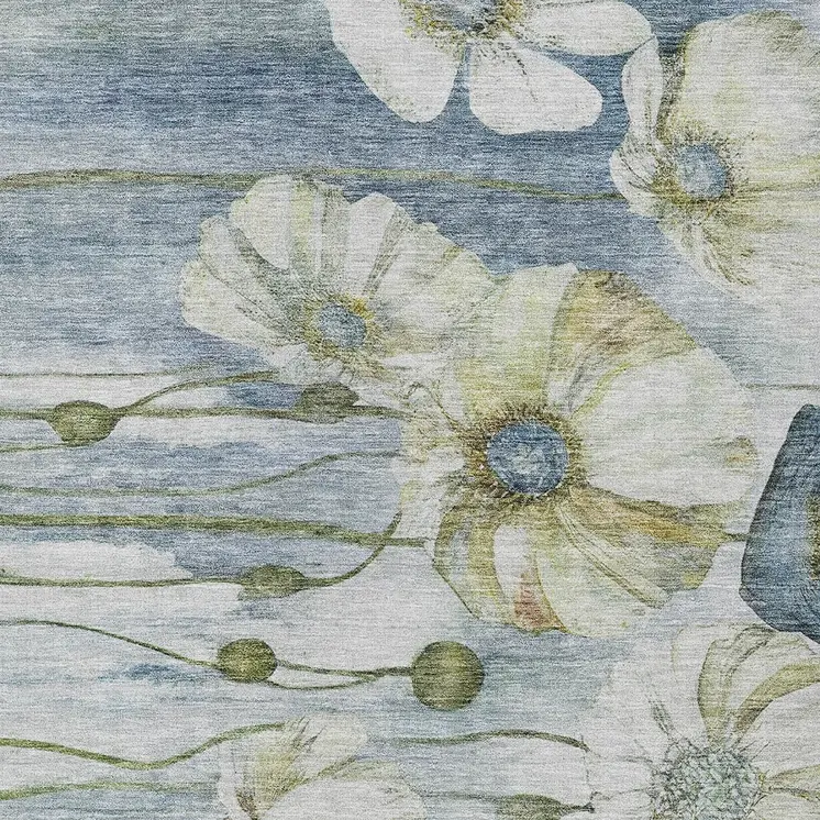 9' X 12' Denim Blue And Sky Blue Floral Washable Indoor Outdoor Area Rug