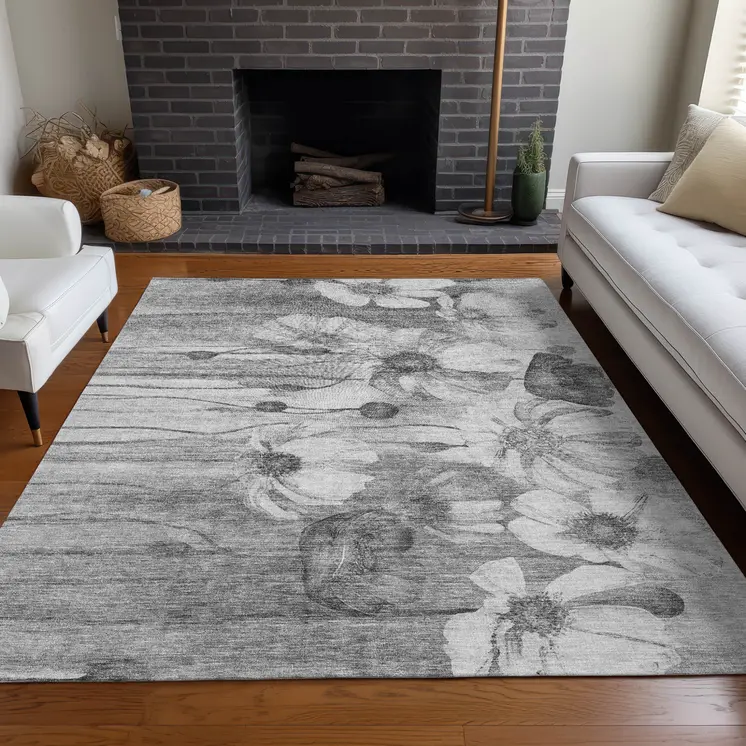 3' X 5' Gray Charcoal And Silver Floral Washable Indoor Outdoor Area Rug