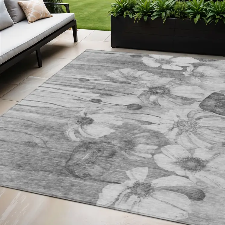 5' X 8' Gray Charcoal And Silver Floral Washable Indoor Outdoor Area Rug