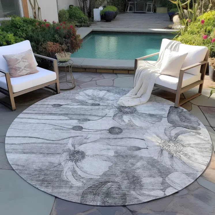 8' Gray Charcoal And Silver Round Floral Washable Indoor Outdoor Area Rug