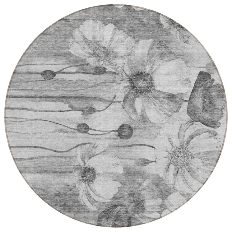 8' Gray Charcoal And Silver Round Floral Washable Indoor Outdoor Area Rug
