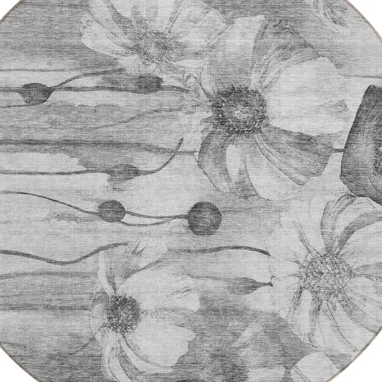 8' Gray Charcoal And Silver Round Floral Washable Indoor Outdoor Area Rug