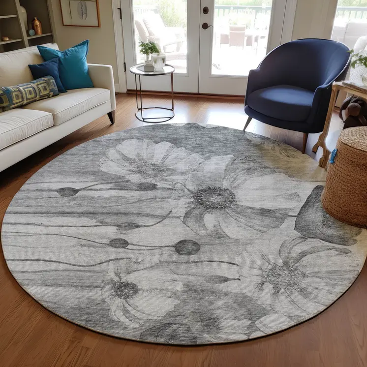 8' Gray Charcoal And Silver Round Floral Washable Indoor Outdoor Area Rug
