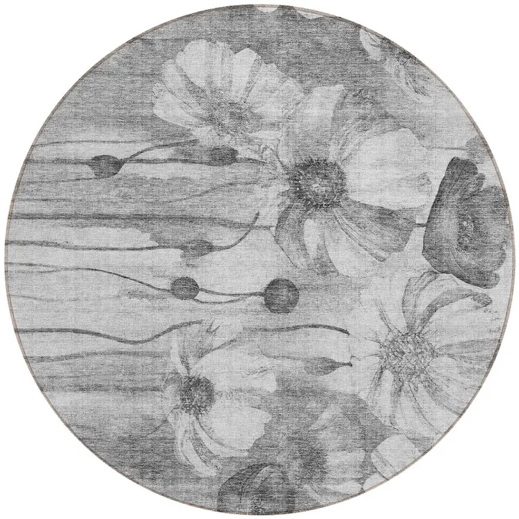 8' Gray Charcoal And Silver Round Floral Washable Indoor Outdoor Area Rug