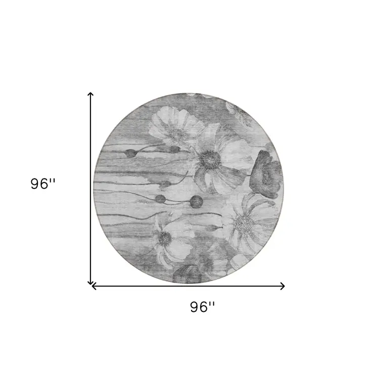 8' Gray Charcoal And Silver Round Floral Washable Indoor Outdoor Area Rug
